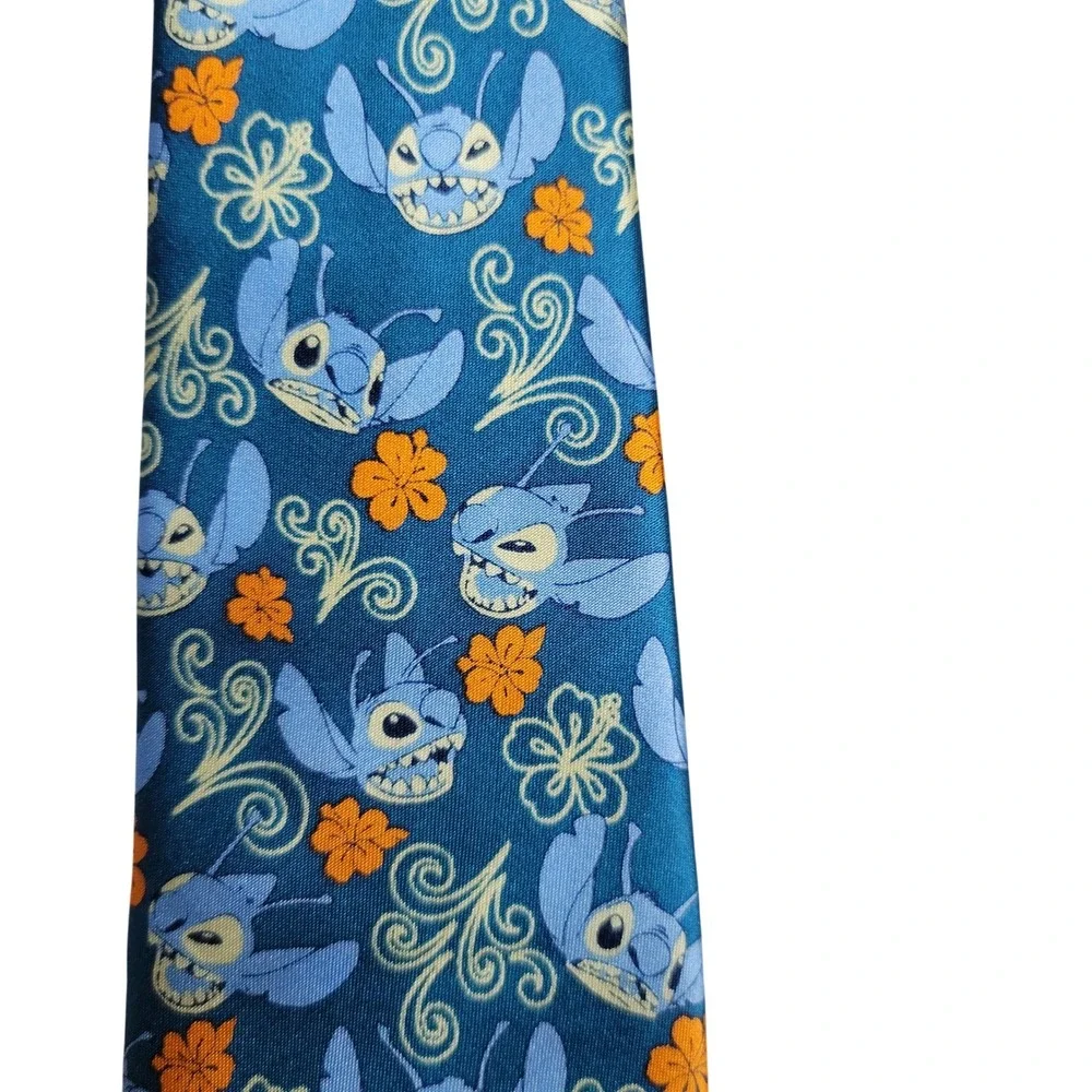 Disney Parks Stitch Lilo & Stitch Silk Necktie Teal Blue Floral Hibiscus Mens